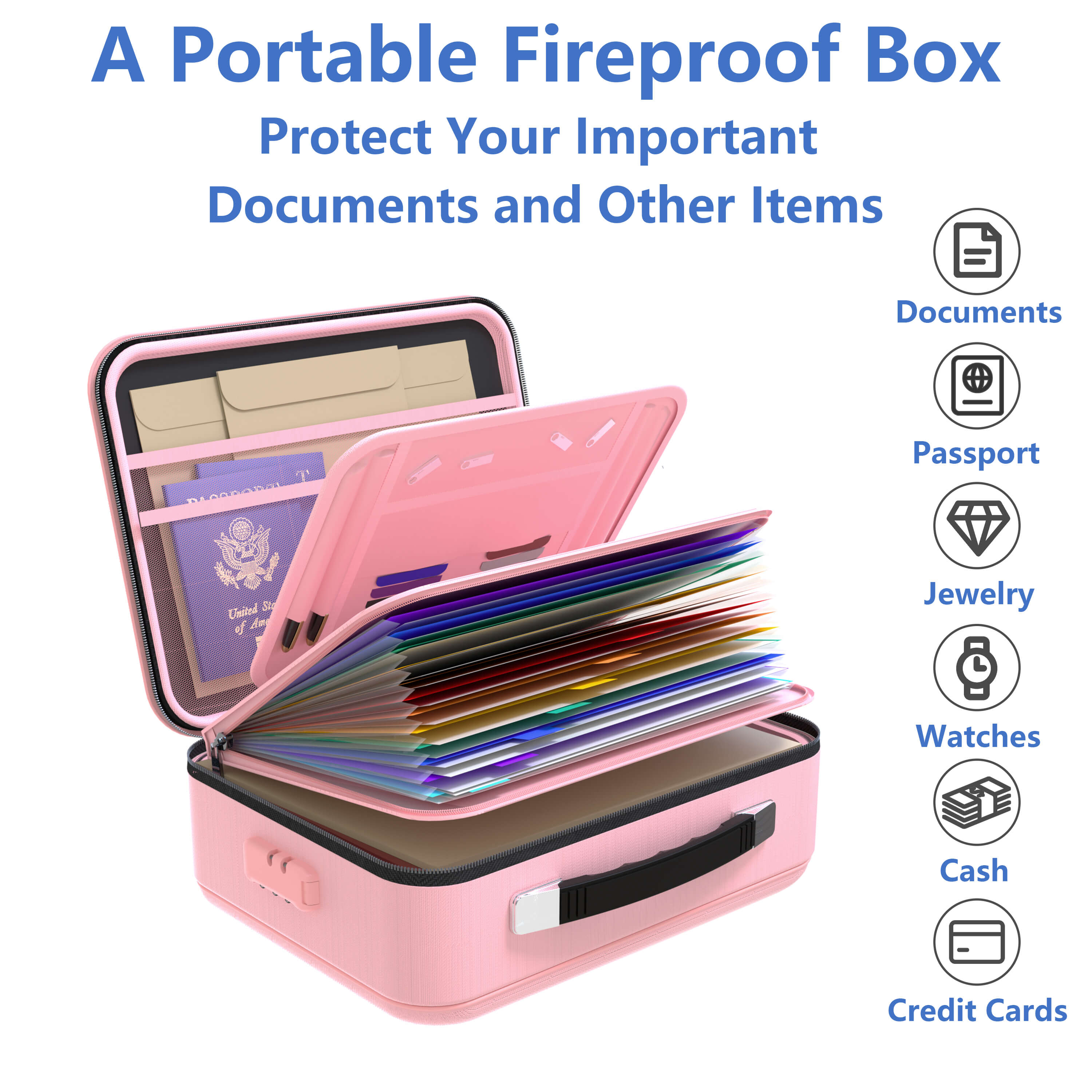Fireproof Waterproof Document Box With Water-Resistant Zipper Hard Case Fireproof File Box With Lock Pink