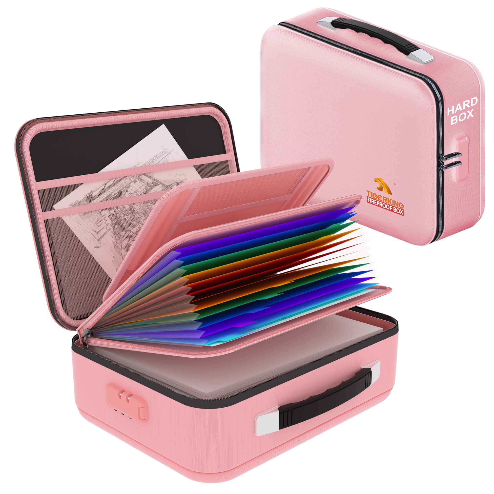 Fireproof Waterproof Document Box With Water-Resistant Zipper Hard Case Fireproof File Box With Lock Pink