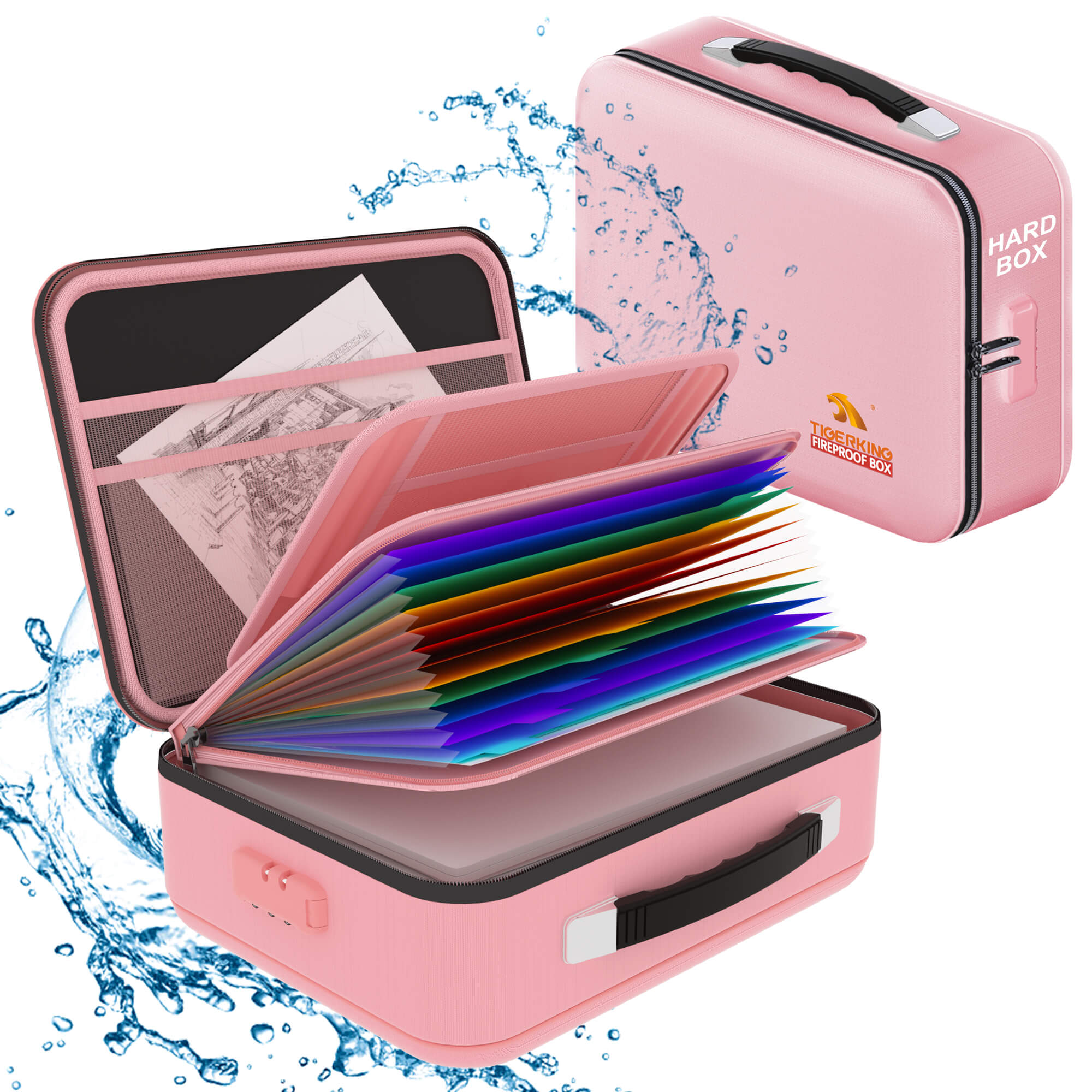 Fireproof Waterproof Document Box With Water-Resistant Zipper Hard Case Fireproof File Box With Lock Pink