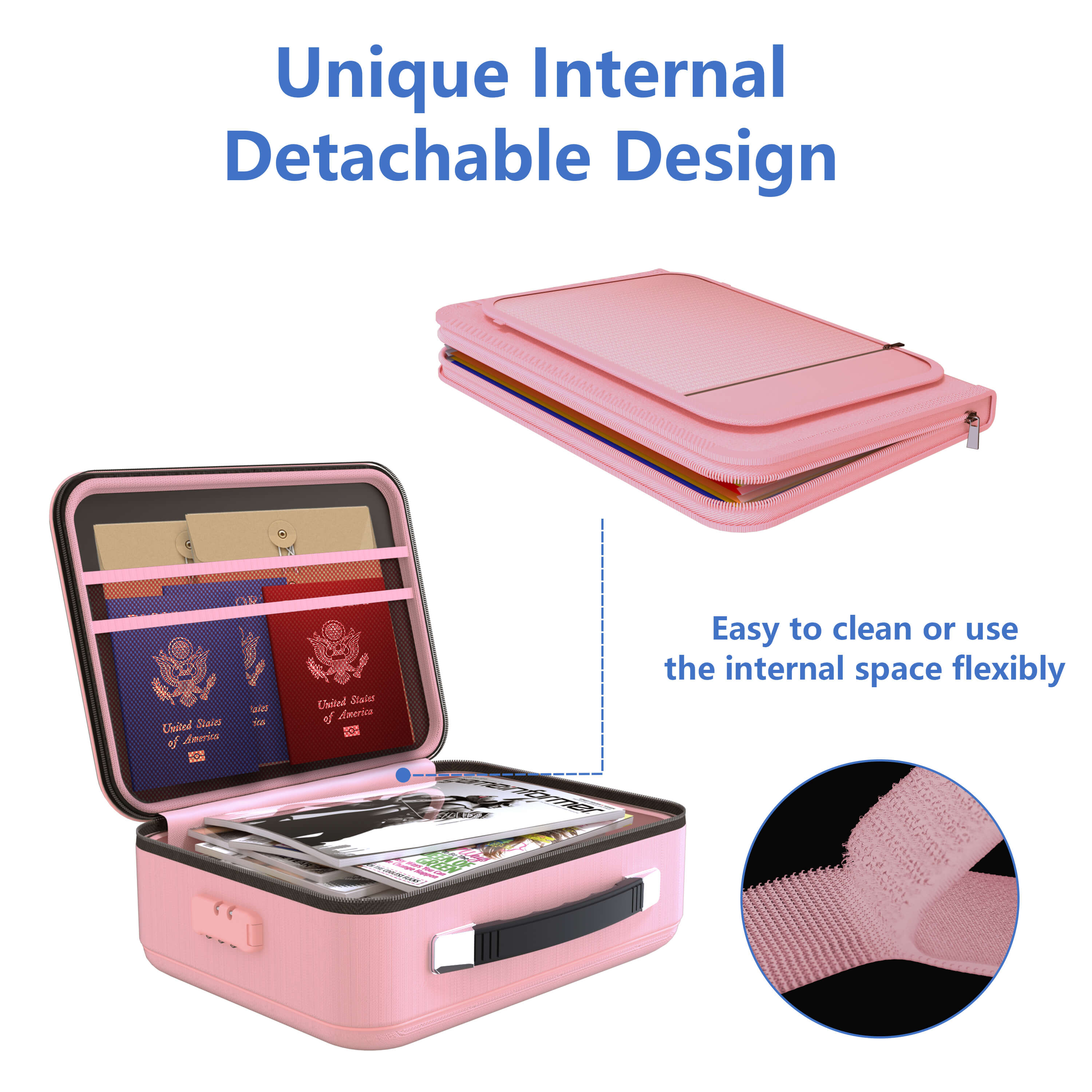 Fireproof Waterproof Document Box With Water-Resistant Zipper Hard Case Fireproof File Box With Lock Pink