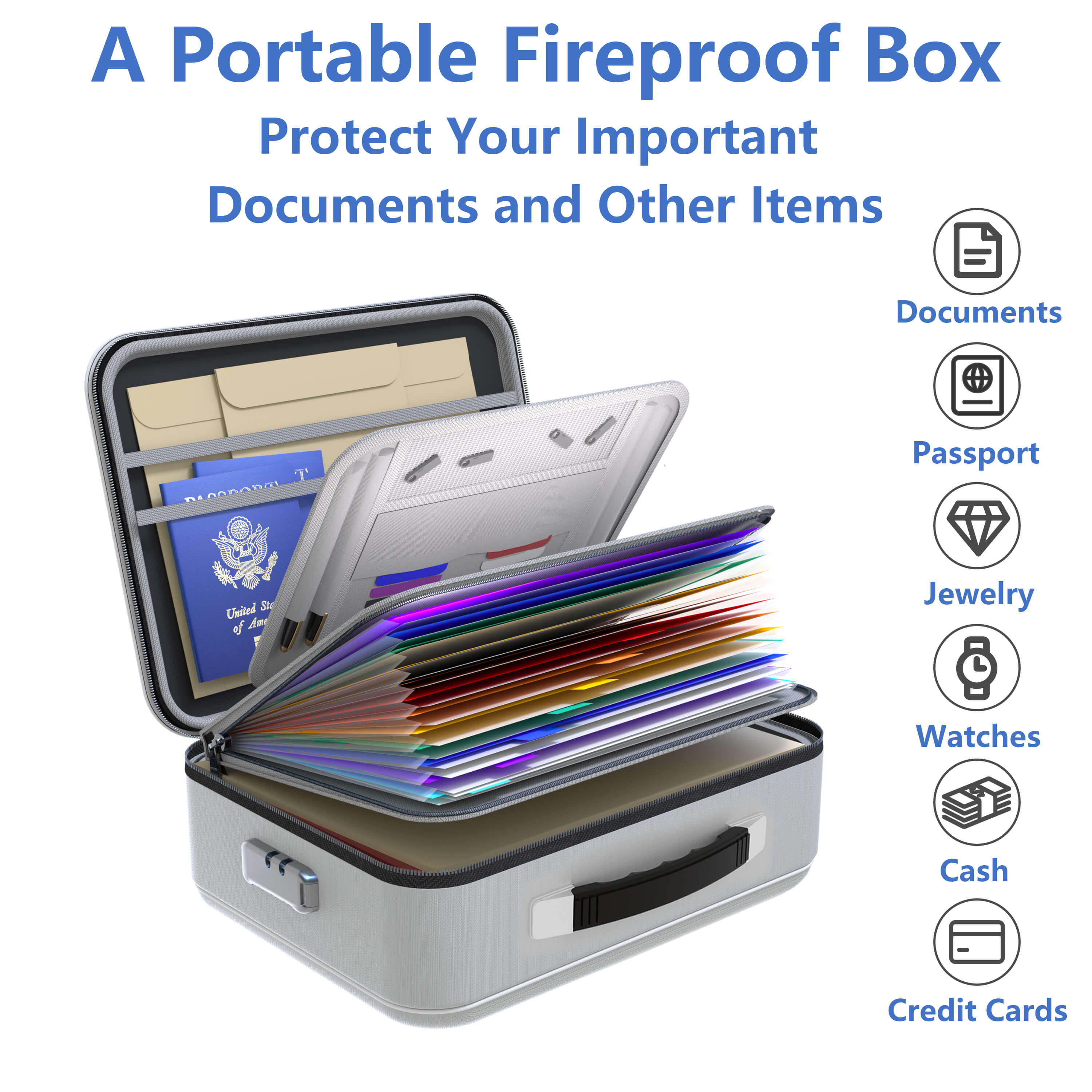 Fireproof Waterproof Document Box With Water-Resistant Zipper Hard Case Fireproof File Box With Lock Grey