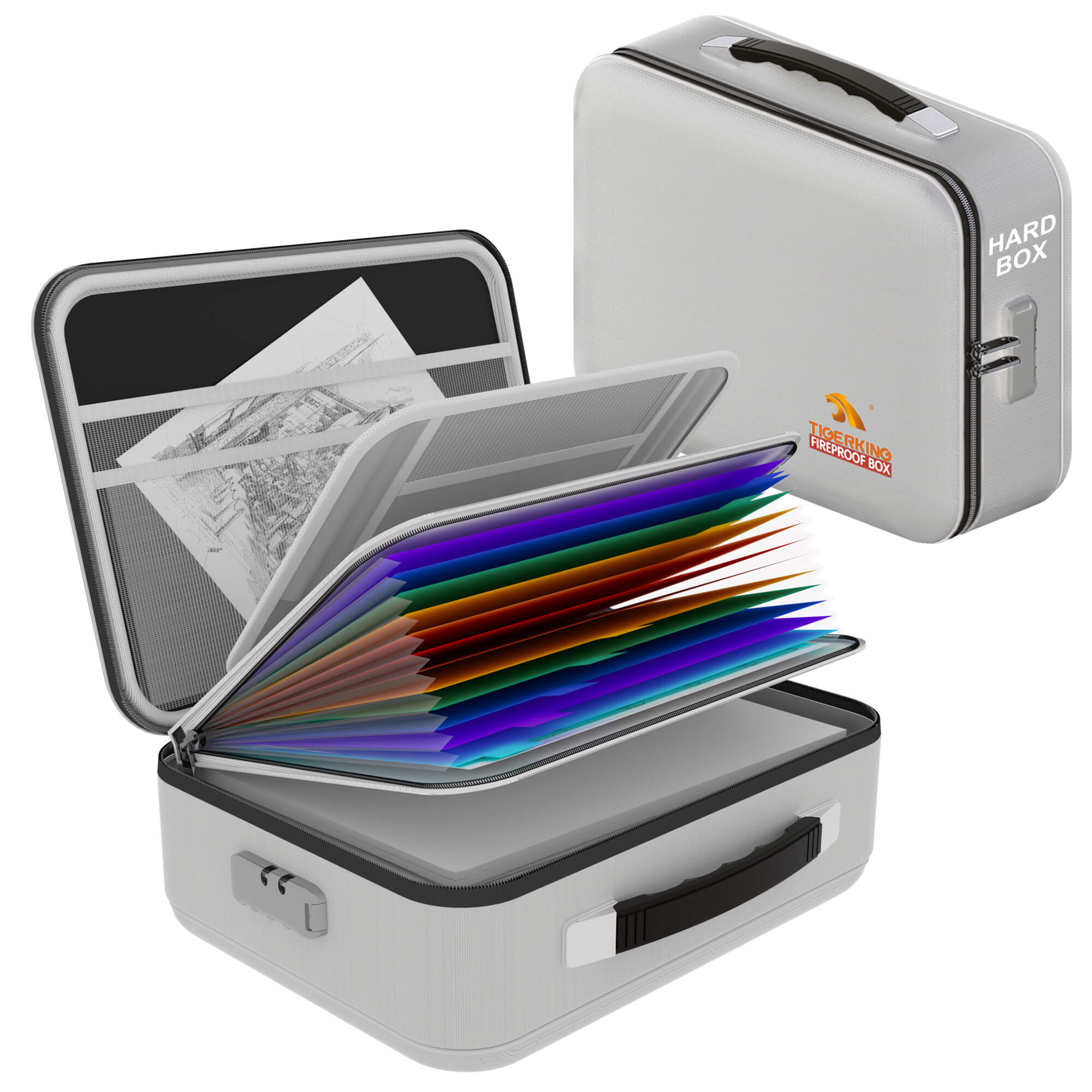 Fireproof Waterproof Document Box With Water-Resistant Zipper Hard Case Fireproof File Box With Lock Grey