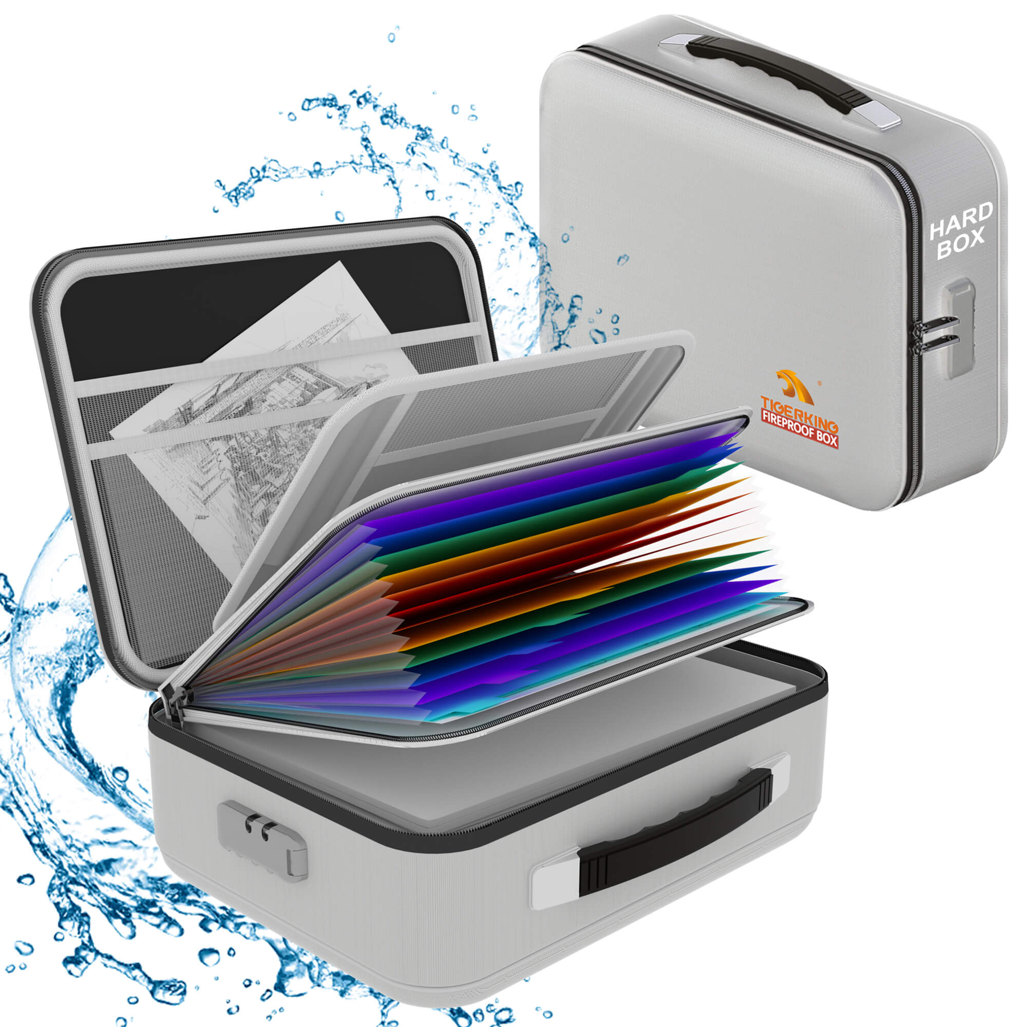 Fireproof Waterproof Document Box With Water-Resistant Zipper Hard Case Fireproof File Box With Lock Grey