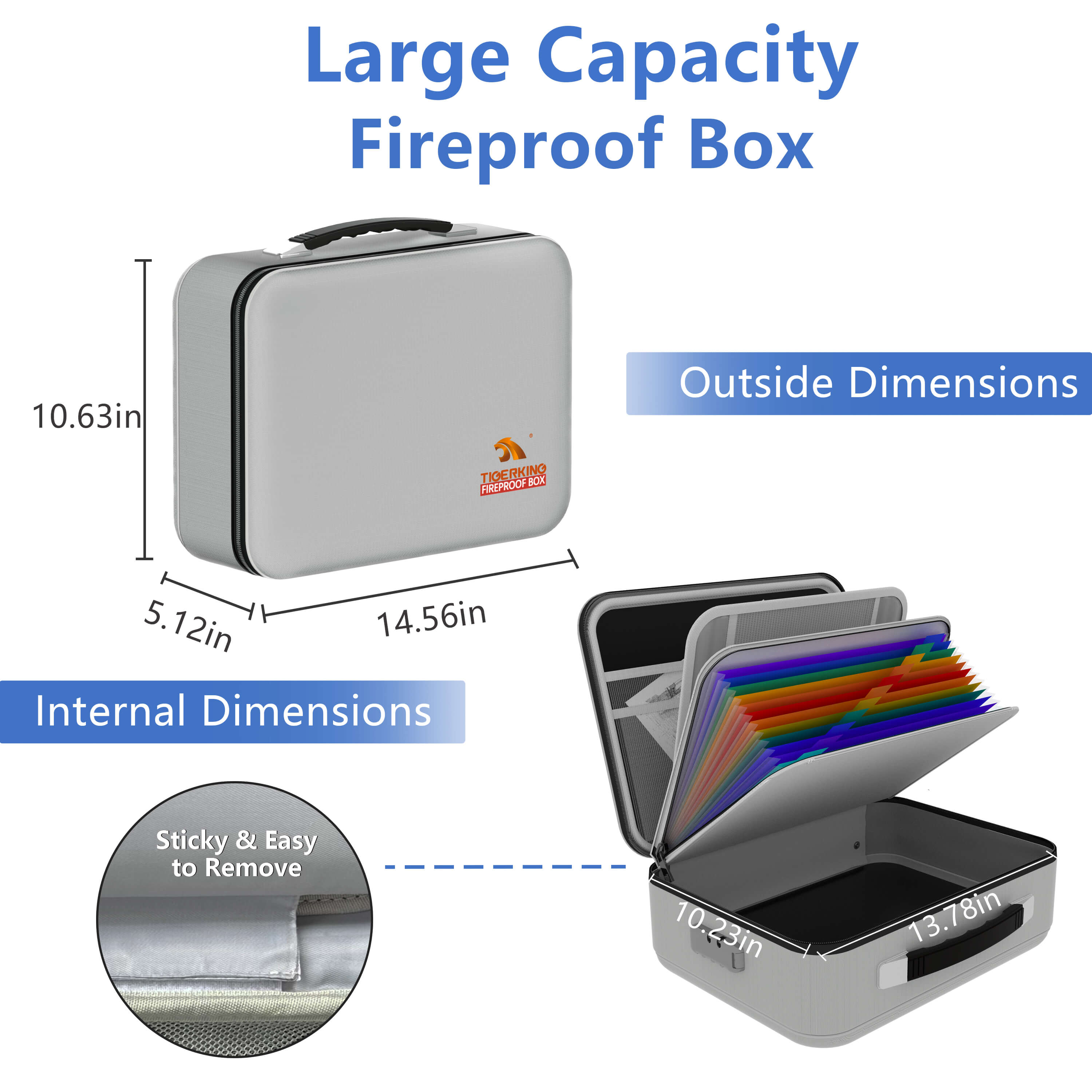 Fireproof Waterproof Document Box With Water-Resistant Zipper Hard Case Fireproof File Box With Lock Grey