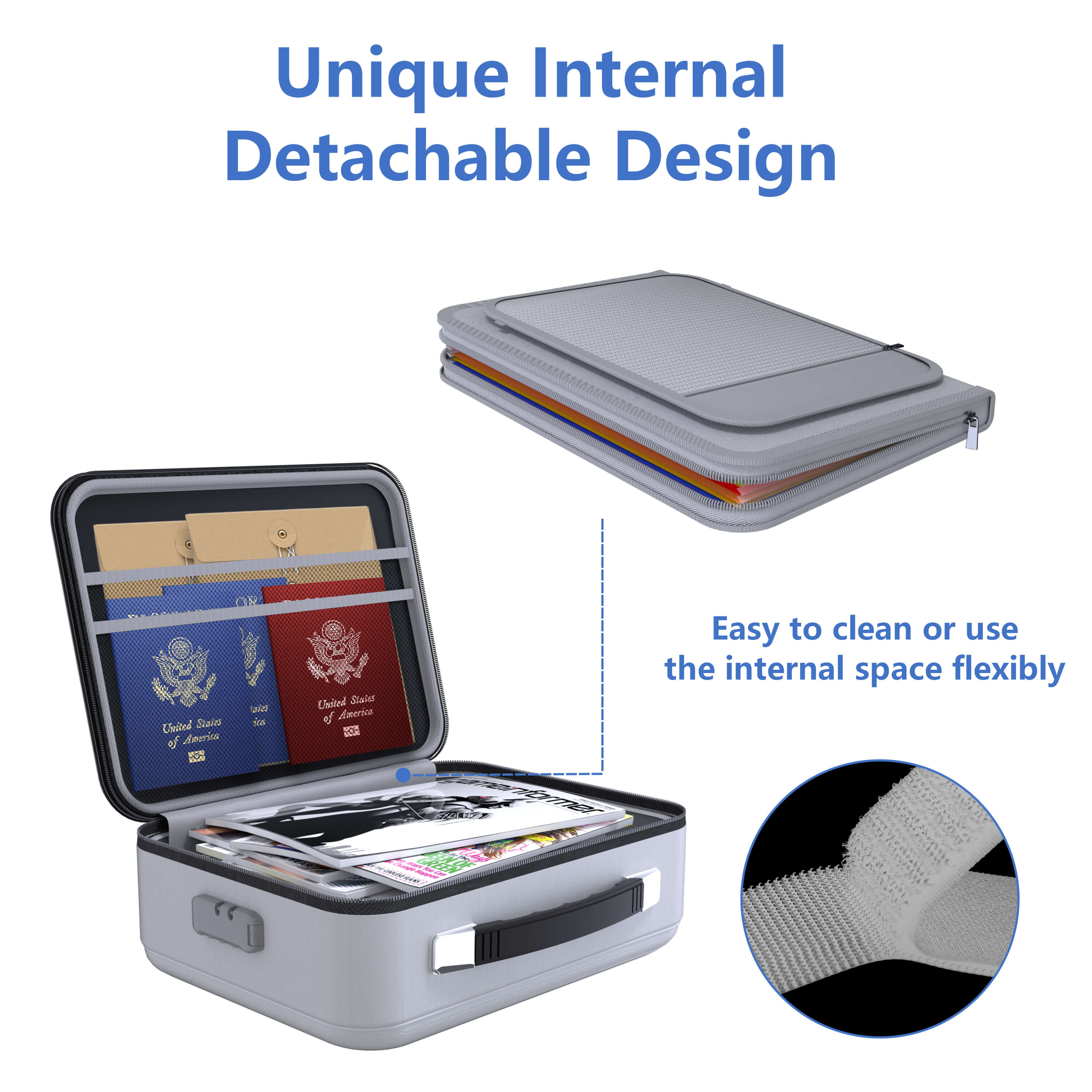 Fireproof Waterproof Document Box With Water-Resistant Zipper Hard Case Fireproof File Box With Lock Grey