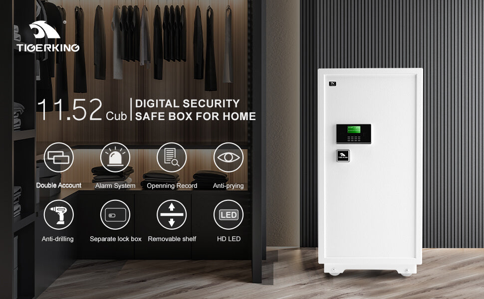 TIGERKING 11.5 Cubic Feet Extra Large Heavy Duty Safe Box, Home Safe with Removable Shelves, Double Account / Alarm System Openning Record / HD Led Anti Drilling / Anti Prying Separate Lock Box / Removable Shelf