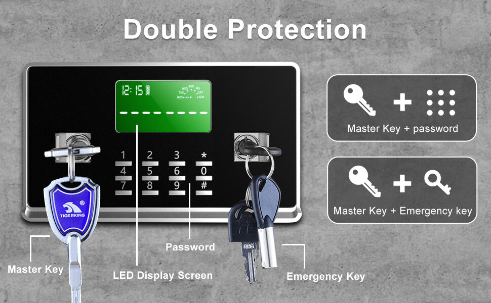 TIGERKING 11.5 Cubic Feet Extra Large Heavy Duty Safe Box, Home Safe with Removable Shelves, Tigerking safes feature dual security unlocking! 1. Dual key unlocking 2. Master key + password