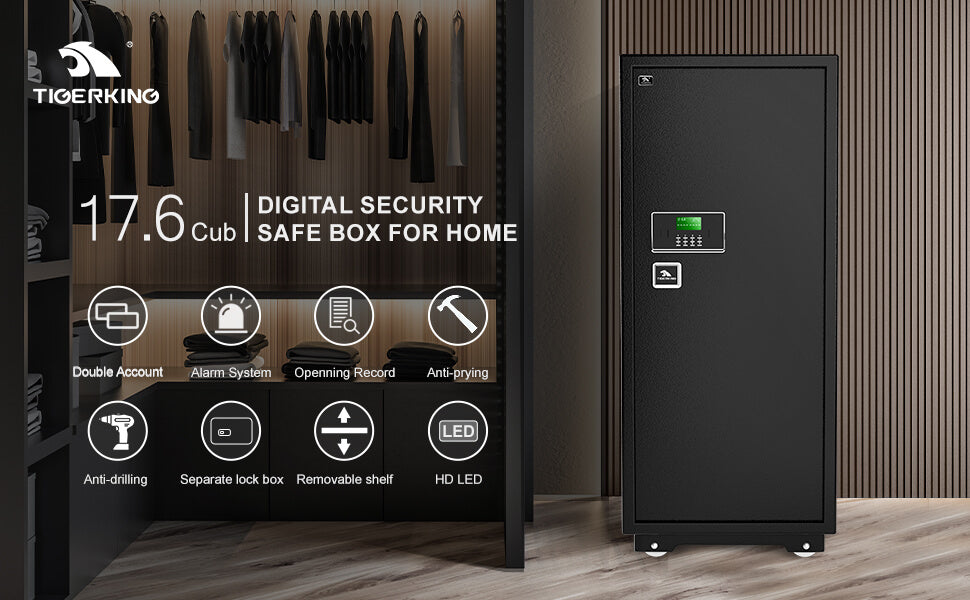 TIGERKING 17.6 Cubic Feet Extra Large Heavy Duty Safe Box, Home Safe with Removable Shelves, Double Account / Alarm System Openning Record / HD Led Anti Drilling / Anti Prying Separate Lock Box / Removable Shelf