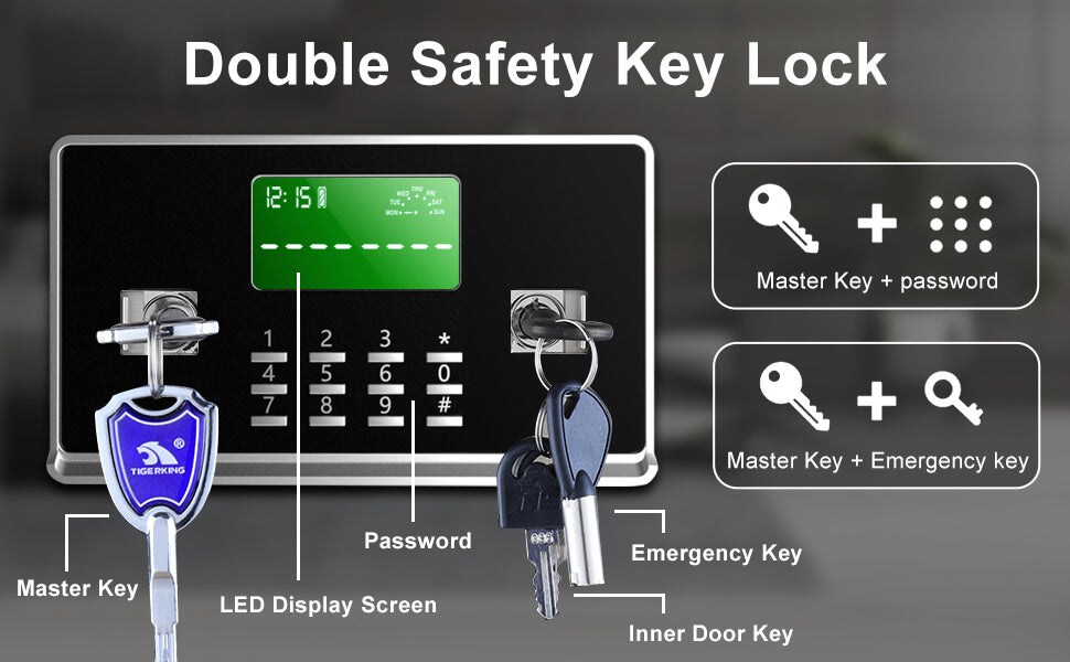 TIGERKING 17.6 Cubic Feet Extra Large Heavy Duty Safe Box, Home Safe with Removable Shelves, Tigerking safes feature dual security unlocking! 1. Dual key unlocking 2. Master key + password
