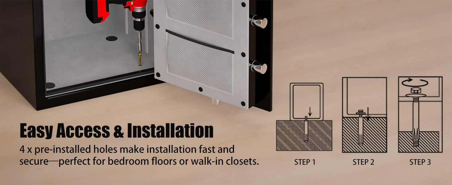 2025 Best Floor Safe For Home Fireproof Heavy-Duty Black House Safe Easy Access & installation 4 x pre-installed holes make installation fast andsecure-perfect for bedroom floors or walk-in closets.