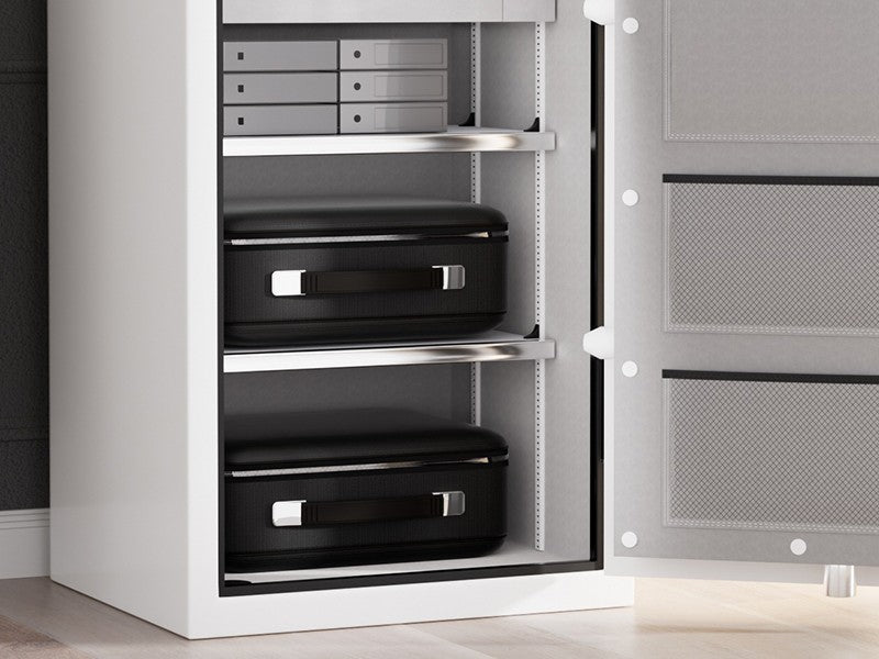 TIGERKING 8.78 Cu Ft Fireproof and Waterproof Jewelry Safe with 2 Adjustable Shelves Easily rearrange shelf height to fit large fold-ers, camera gear, or collectible boxes