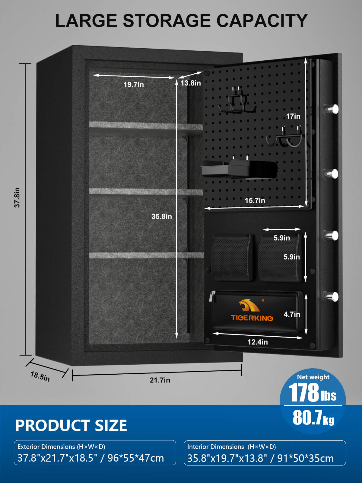 TIGERKING 8.78 Cu Ft Fireproof and Waterproof Safe with Digital Keypad, DIY Pegboard Door, Heavy-Duty Steel Large Floor Safe for Home & Office