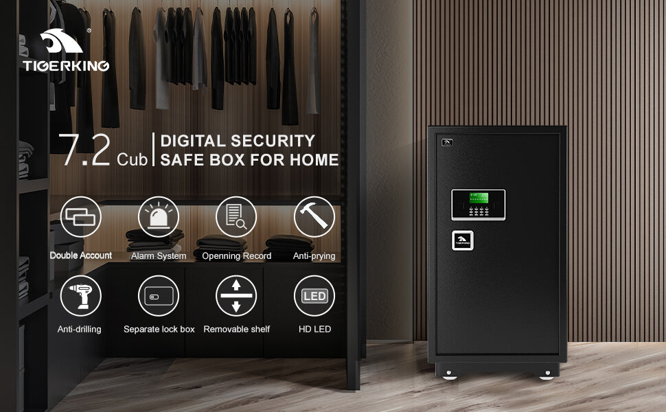 TIGERKING 7.2 Cubic Feet Extra Large Heavy Duty Safe Box Home Safe with Double Safety Key Lock and Separate Lock Box 100XH Black