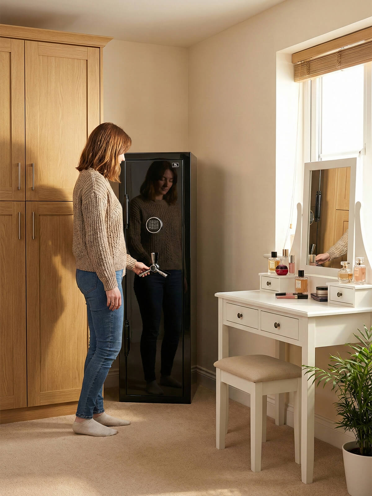 TigerKing Spark 5517 plus left-hinged 8.12 cu.ft fireproof jewelry safe with 3 drawers/black/bedroom scene