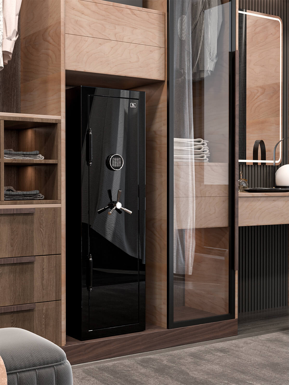 TigerKing Spark 5517 plus left-hinged 8.12 cu.ft fireproof jewelry safe with 3 drawers/black/closet scene