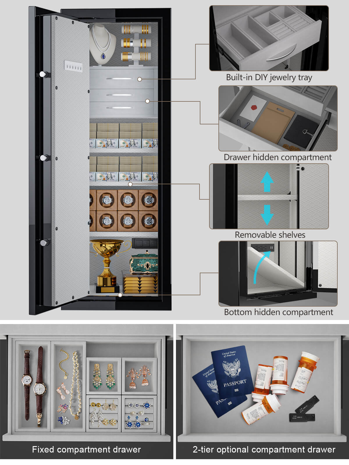 TigerKing Spark 5922 plus left-hinged 13.1 cu.ft fireproof jewelry safe with 3 drawers/black/detail