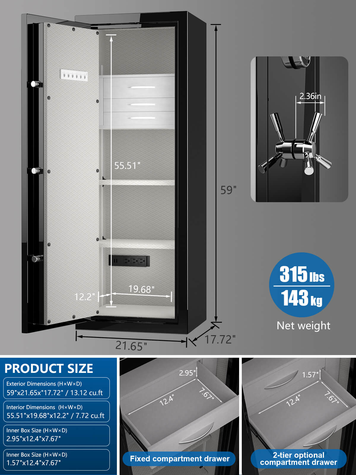 TigerKing Spark 5922 plus left-hinged 13.1 cu.ft fireproof jewelry safe with 3 drawers/black/dimensions