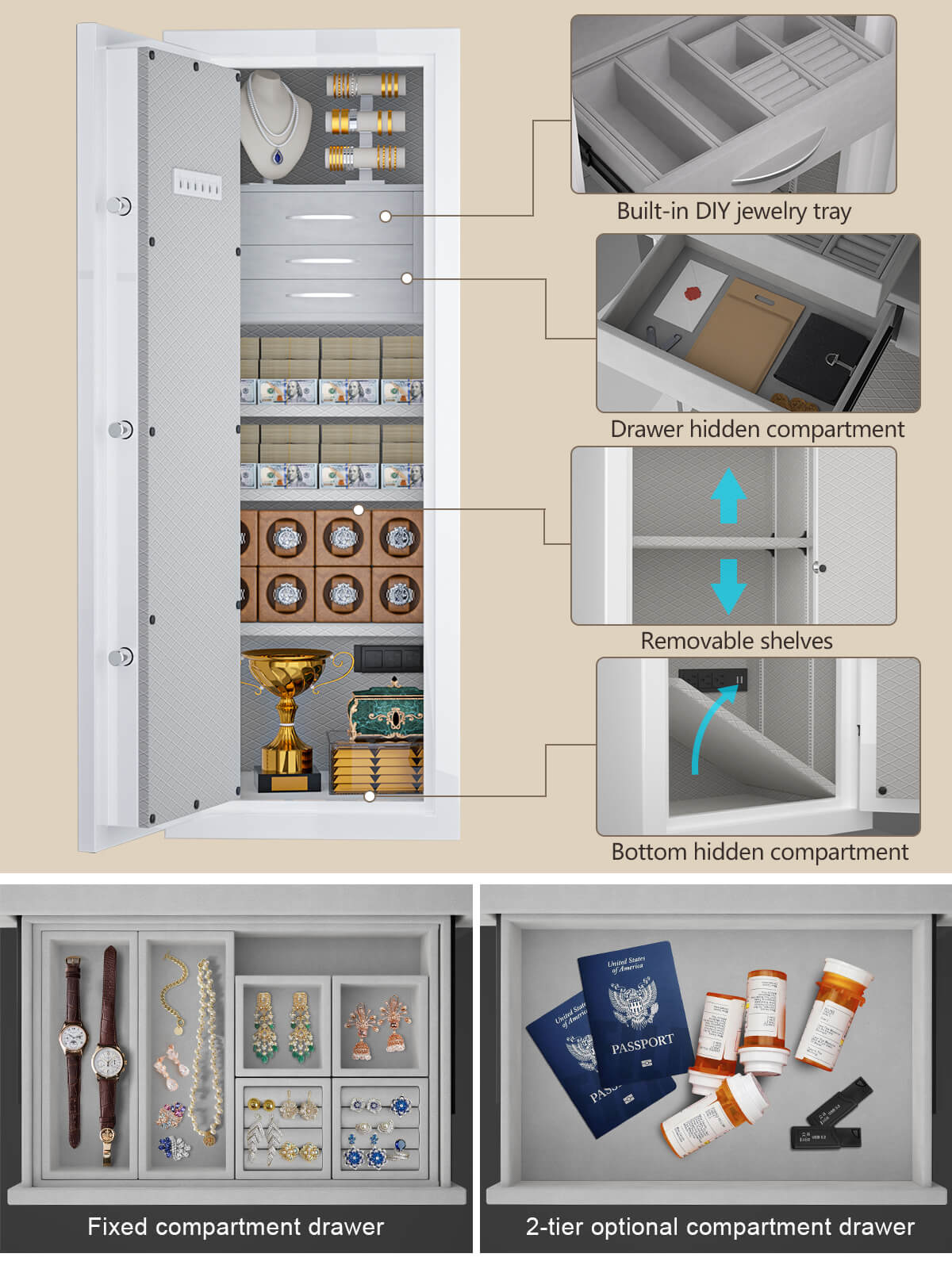 TigerKing Spark 5922 plus left-hinged 13.1 cu.ft fireproof jewelry safe with 3 drawers, white detail