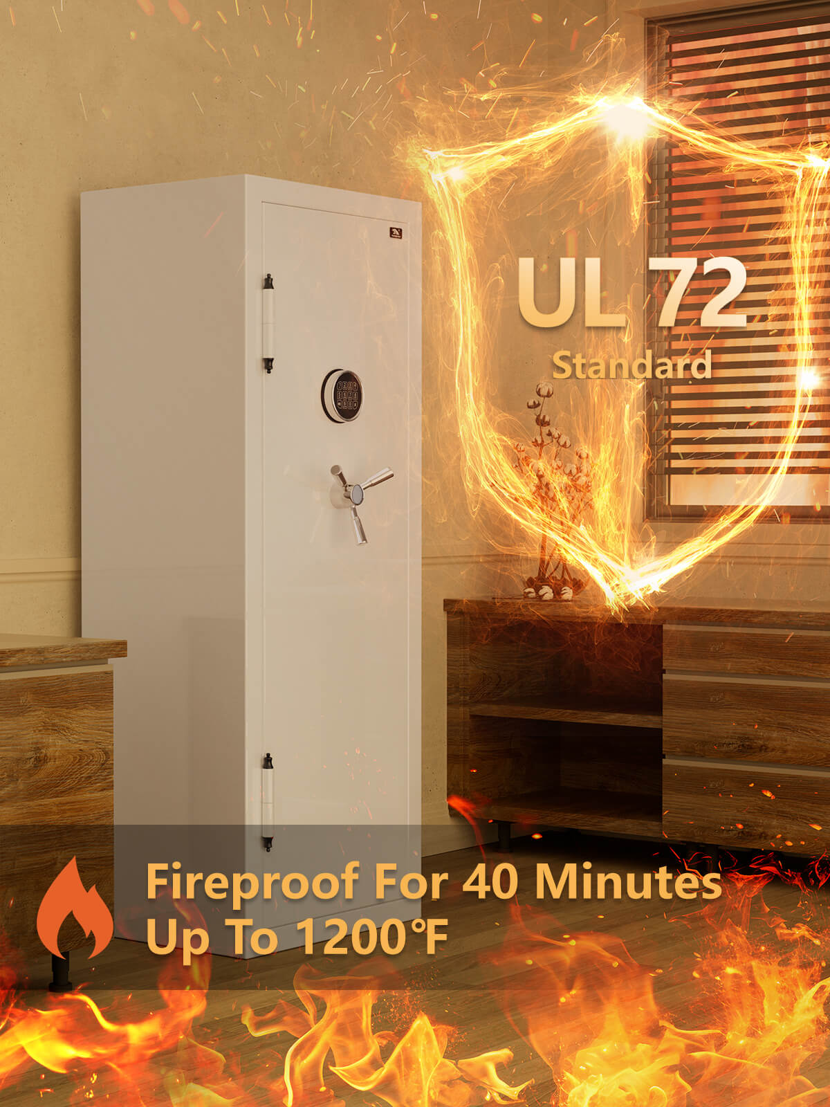 TigerKing Spark 5922 plus left-hinged 13.1 cu.ft fireproof jewelry safe with 3 drawers, white scene fireproof