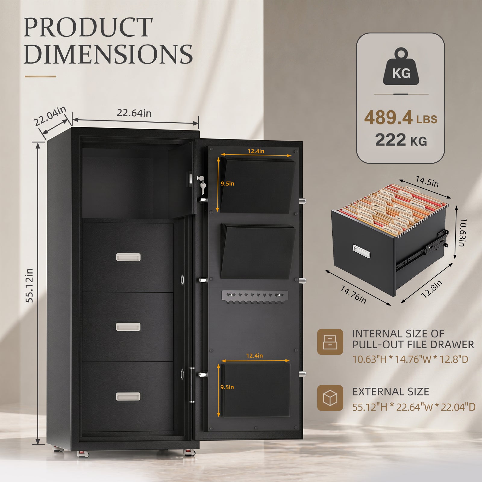 Large Document Safe 16 Cu.Ft 2-Hour Fireproof with 4-Drawer, 489 lb Safe - FF4D