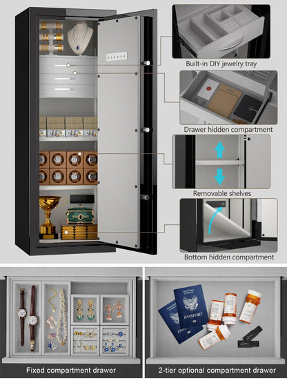 TIGERKING SAFE SPARK 5922 Heavy Duty Fireproof Jewelry Safe with 3 Customizable safe drawers 13 cu ft Black Extra Large Fireproof Home Safes with power outlet inside