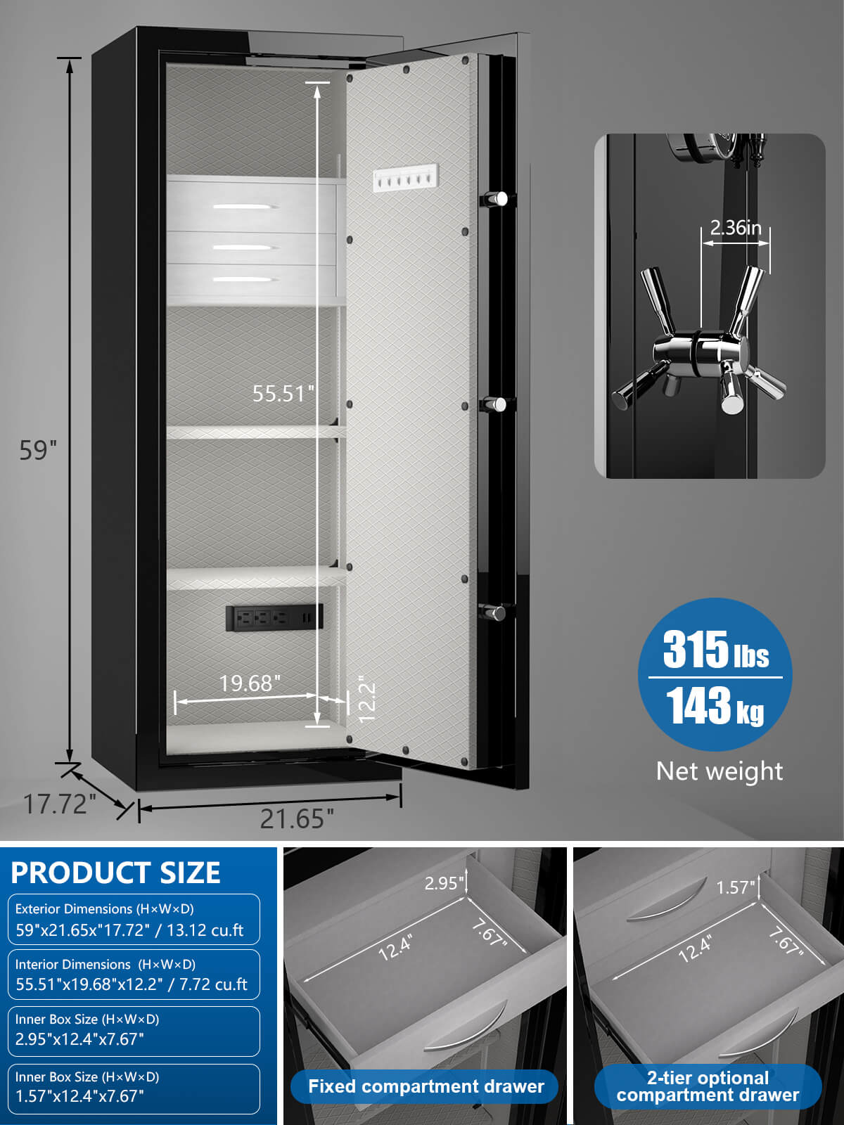 TIGERKING SAFE SPARK 5922 Heavy Duty Fireproof Jewelry Safe with 3 Customizable safe drawers 13 cu ft Black Extra Large Fireproof Home Safes with power outlet inside