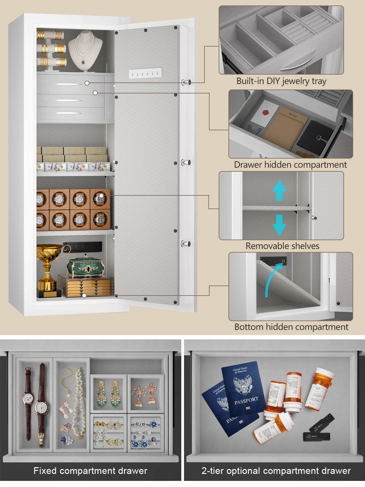 TIGERKING SAFE SPARK 5922 Heavy Duty Fireproof Jewelry Safe with 3 Customizable safe drawers 13 cu ft White Extra Large Fireproof Home Safes with power outlet inside