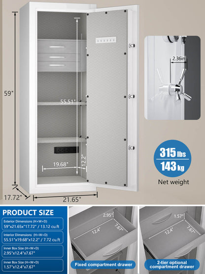 TIGERKING SAFE SPARK 5922 Heavy Duty Fireproof Jewelry Safe with 3 Customizable safe drawers 13 cu ft White Extra Large Fireproof Home Safes with power outlet inside