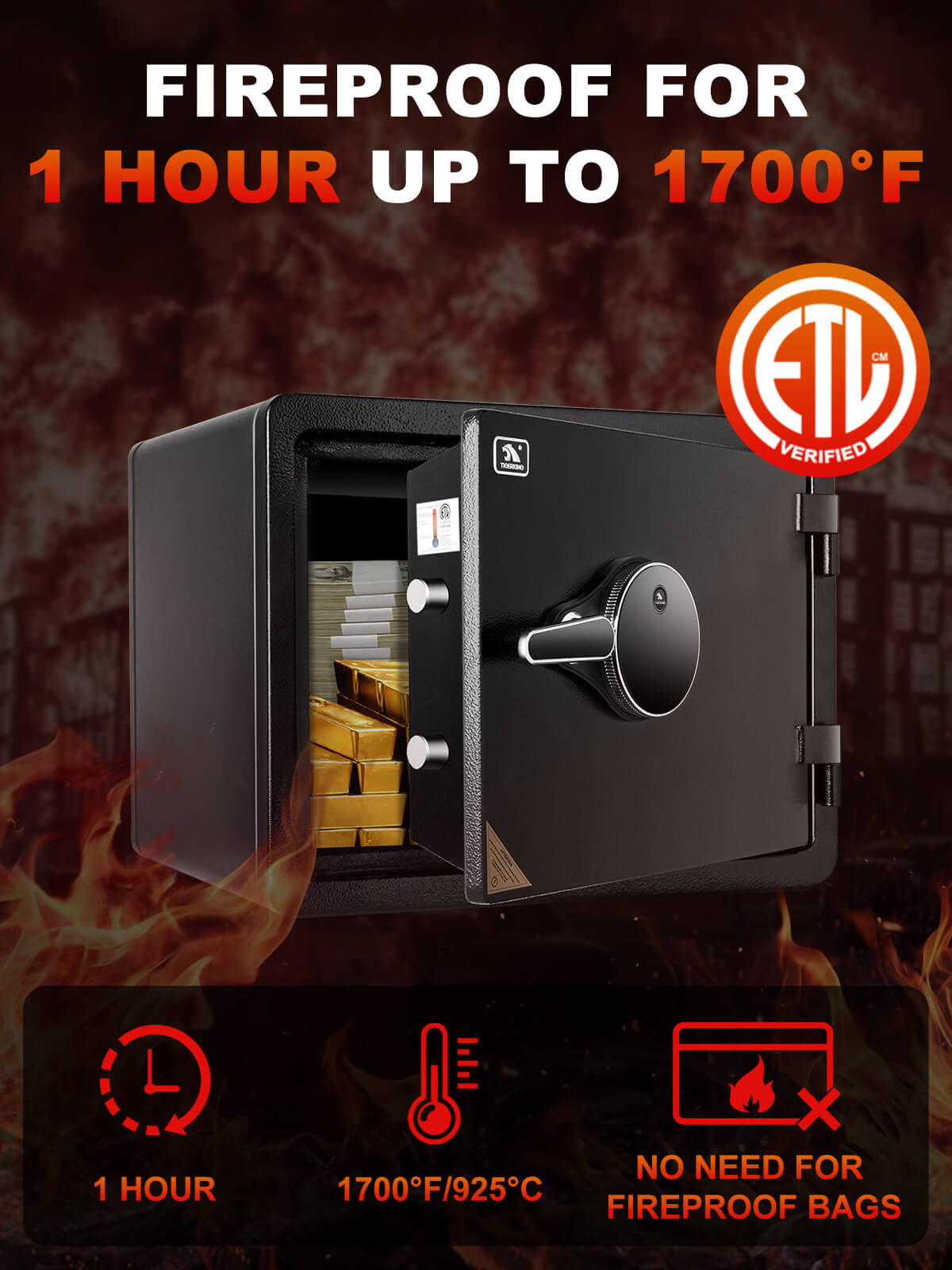 TIGERKING 1 Hour Fireproof Safe Box 2.33-Cu-ft-with-Digital-Touchscreen Keypa Lock Quick Access Home Security Safes 35DZ
