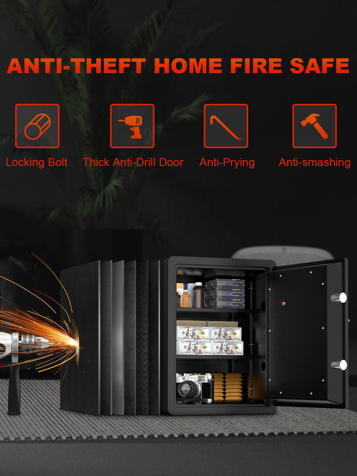 TIGERKING 1 Hour Fireproof Safe Box Safe 1.74 Cu.ft with Digital Touchscreen Keypad Lock Quick Access Biometric Home Security Safes 60DZ
