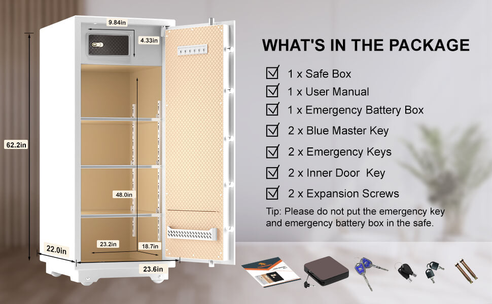 TIGERKING 17.6 Cubic Feet Extra Large Heavy Duty Safe Box package included detail, Home Safe with Removable Shelves, Digital safe, 150XH Large Jewelry Safe Box for Home