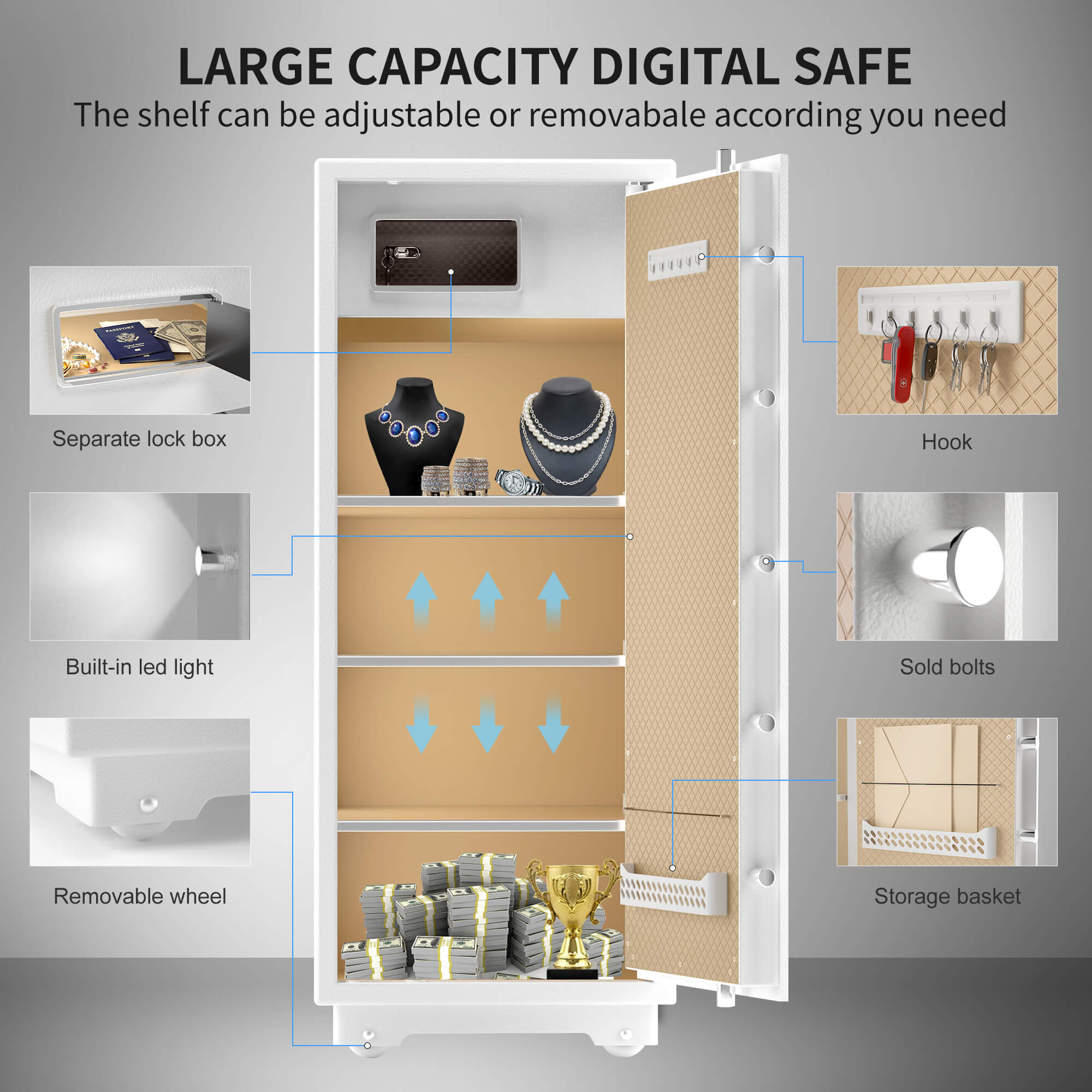 TIGERKING 17.6 Cubic Feet Extra Large Heavy Duty Safe Box, Home Safe Key Lock and Separate Lock Box, Digital safe for Home Hotel Office