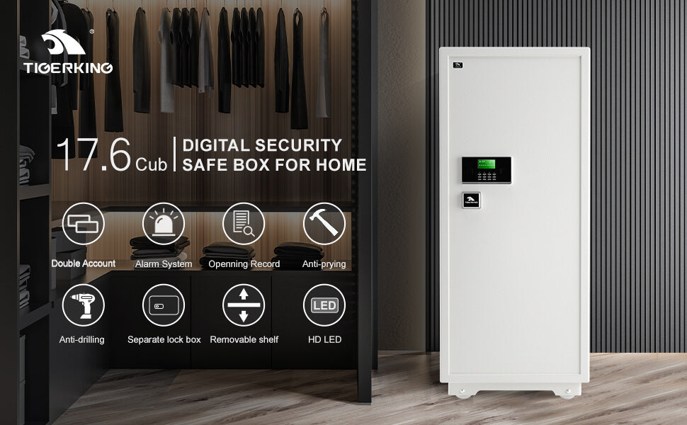 TIGERKING 17.6 Cubic Feet Extra Large Heavy Duty Safe Box, Home Safe with Removable Shelves, Double Account / Alarm System Openning Record / HD Led Anti Drilling / Anti Prying Separate Lock Box / Removable Shelf