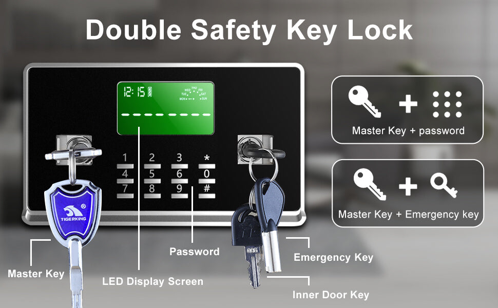 TIGERKING 17.6 Cubic Feet Extra Large Heavy Duty Safe Box, Home Safe with Removable Shelves, Tigerking safes feature dual security unlocking! 1. Dual key unlocking 2. Master key + password 