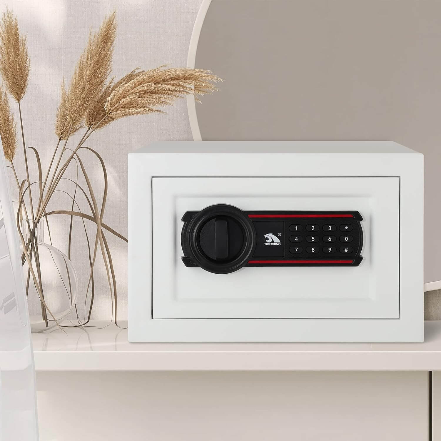 TIGERKING Digital Keypad Safe Box, Small Safe Money Safe Lock Box Cabinet Safes, Solid Alloy Steel Office Hotel Home Mini Safe for Cash E20SP-W