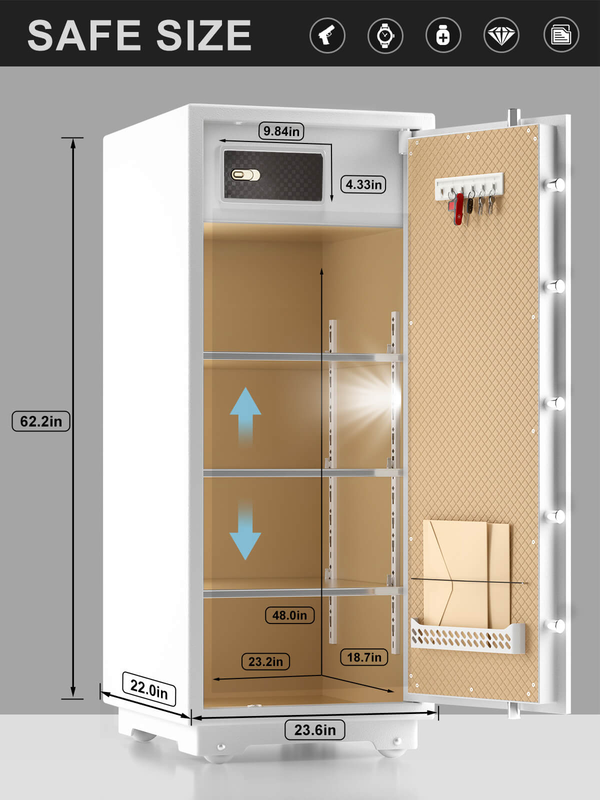 TIGERKING Extra Large 2in1 Gun Safe Heavy Duty Safe Box Home Safe Key Lock and Separate Lock Box Digital safe White 17.6 Cubic Feet 150GJ