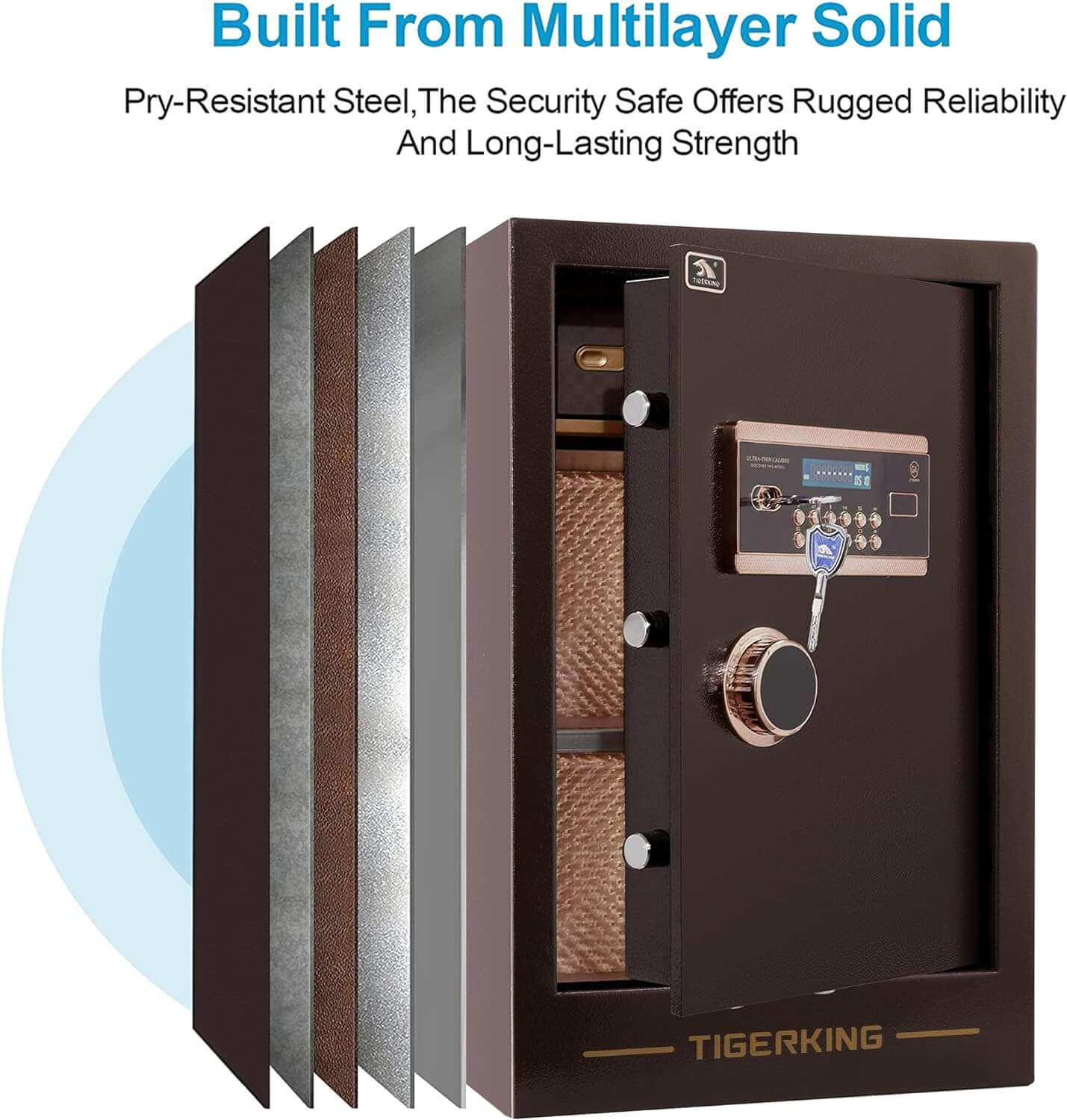 TIGERKING Burglary Digital Security Safe Box for Home Office Double Safety Key Lock and Password Safes 63XH-1 Gold