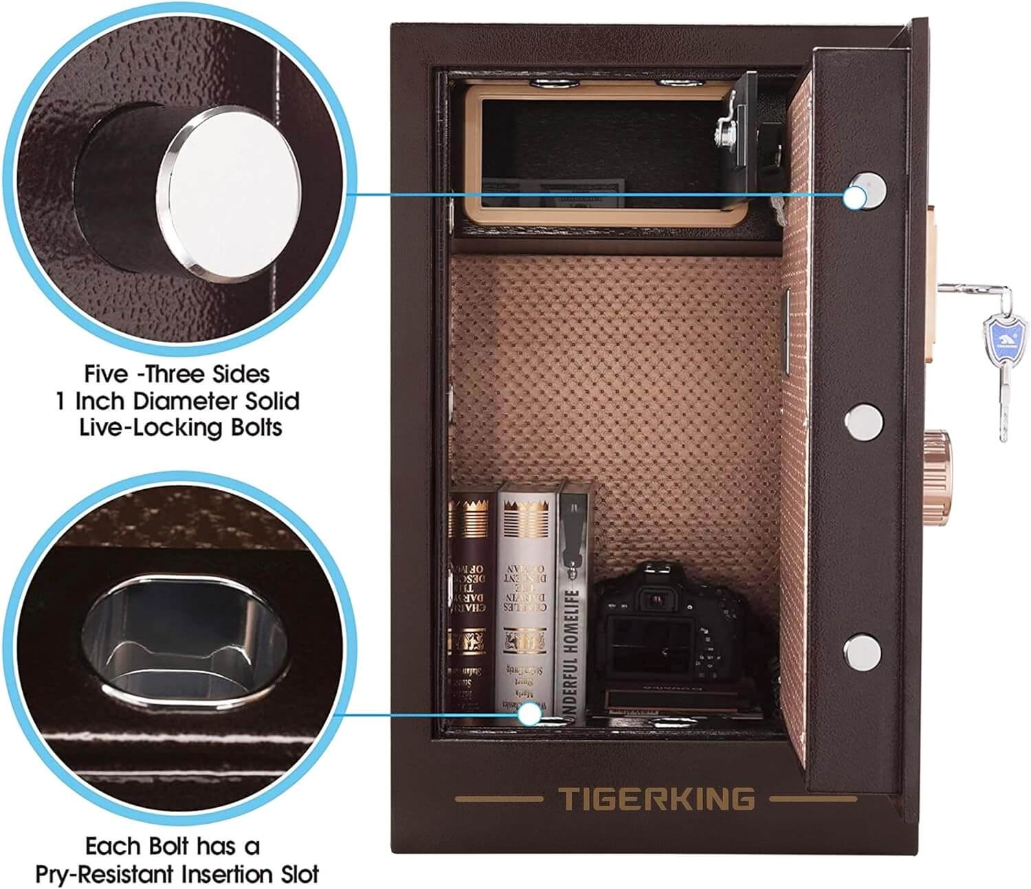TIGERKING Burglary Digital Security Safe Box for Home Office Double Safety Key Lock and Password Safes 63XH-1 Gold