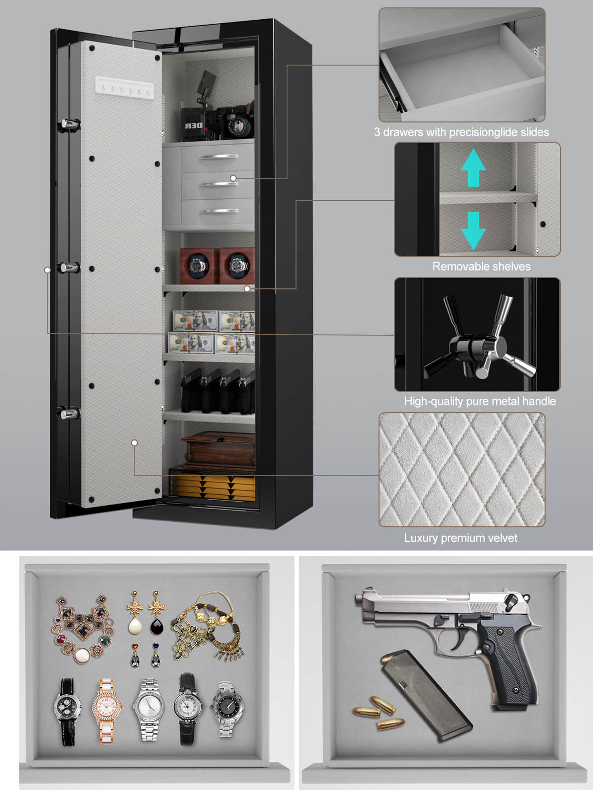 TigerKing Spark 5517 plus left-hinged 8.12 cu.ft fireproof jewelry safe with 3 drawers/black/detail