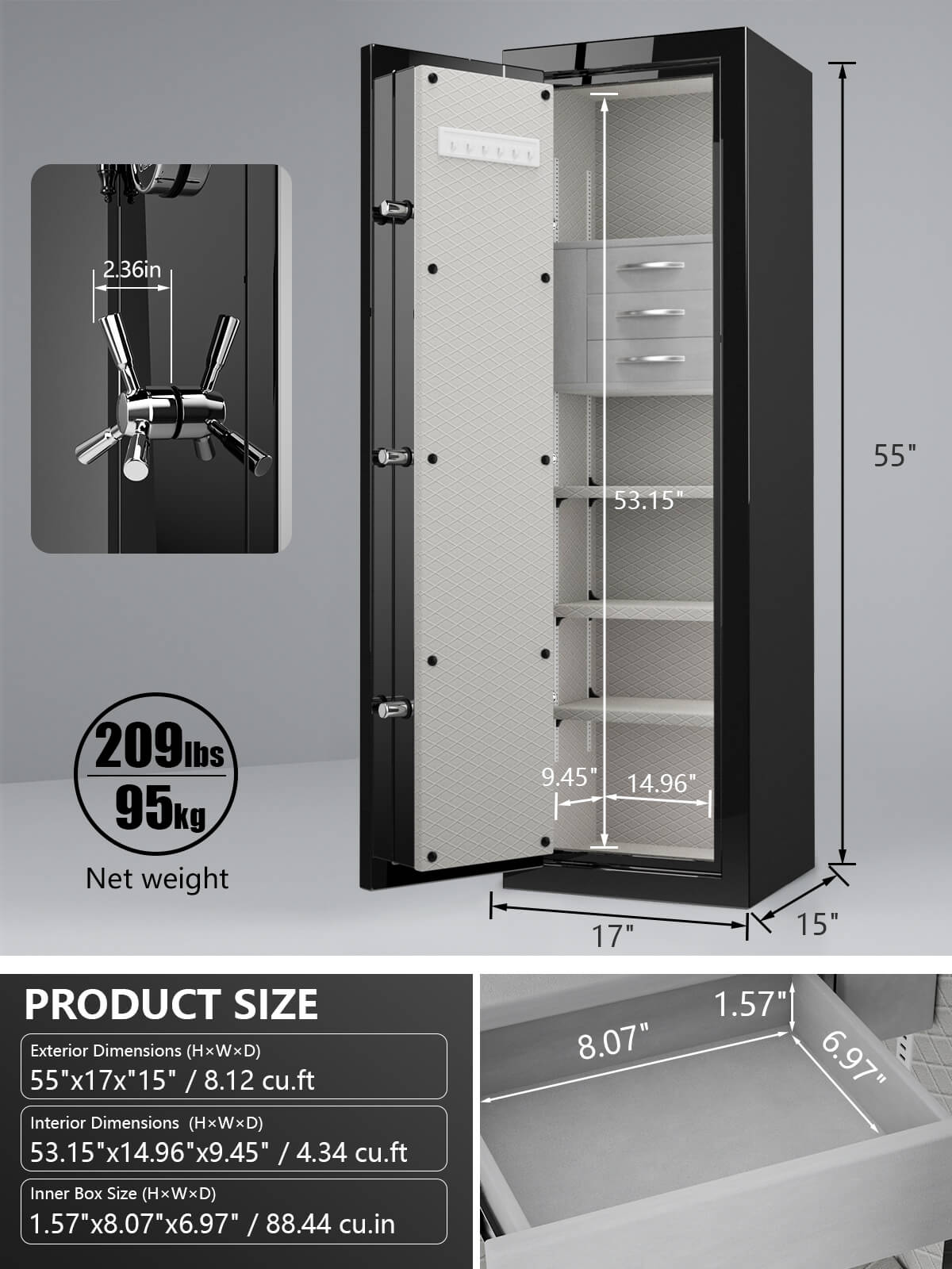 TigerKing Spark 5517 plus left-hinged 8.12 cu.ft fireproof jewelry safe with 3 drawers/black/dimensions