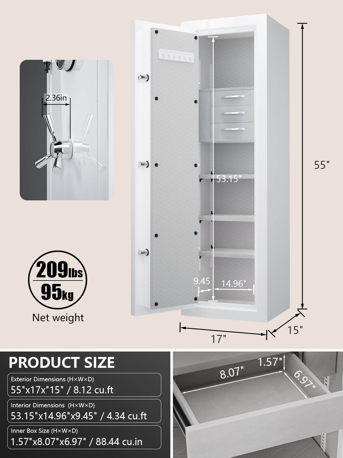TigerKing Spark 5517 plus left-hinged 8.12 cu.ft fireproof jewelry safe with 3 drawers/white/dimensions