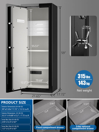 TigerKing Spark 5922 plus left-hinged 13.1 cu.ft fireproof jewelry safe with 3 drawers/black/dimensions