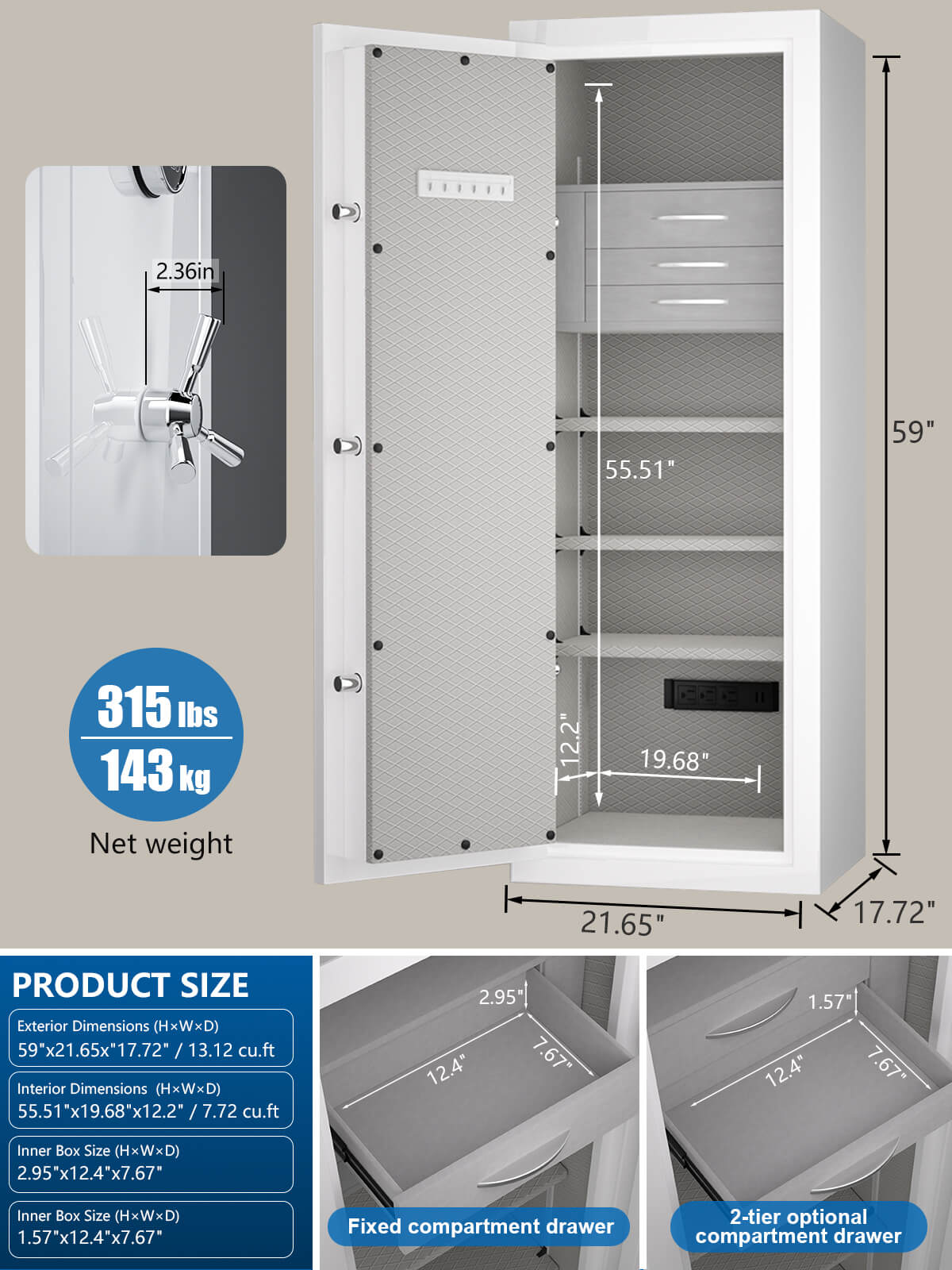 TigerKing Spark 5922 plus left-hinged 13.1 cu.ft fireproof jewelry safe with 3 drawers, white dimensions